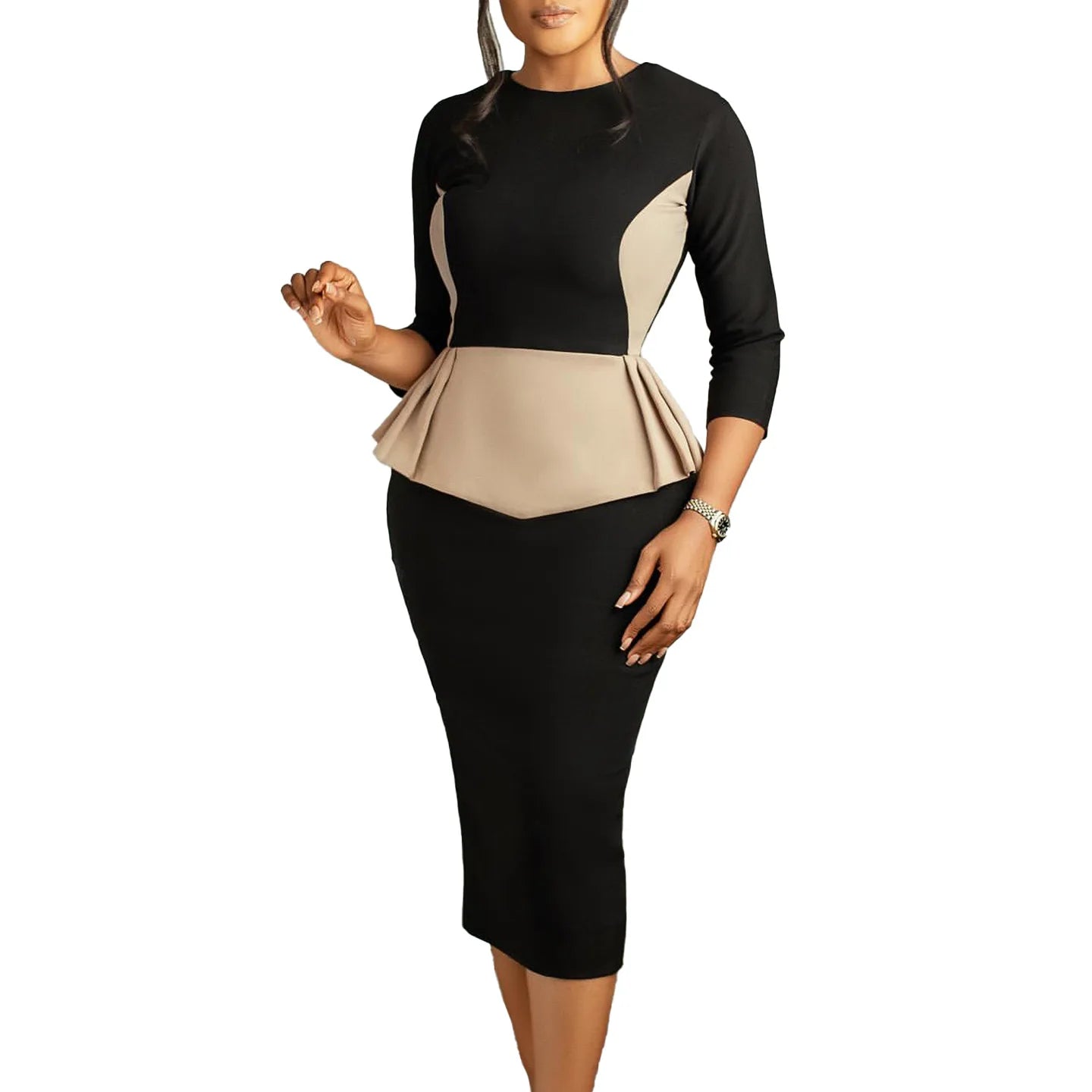 Emma  3/4 Sleeve Polyester Midi Bodycon Dress