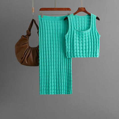 Knit Long Skirts + Straight Casual Spliced Round Neck Vest Sleeveless Tanks Sets