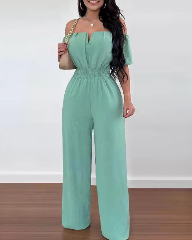 Fashion Off Shoulder Casual Plain Short Sleeve Shirred Waist Daily Long Wide Leg Jumpsuit