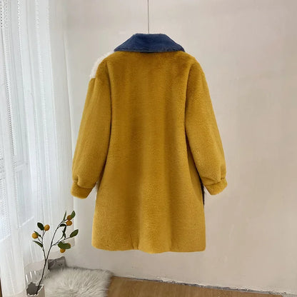 Winter Faux Fur Jackets for Women Furry Warm Splicing Contrast Color Blue Faux Fur Coat Long Jacket Cardigan Women