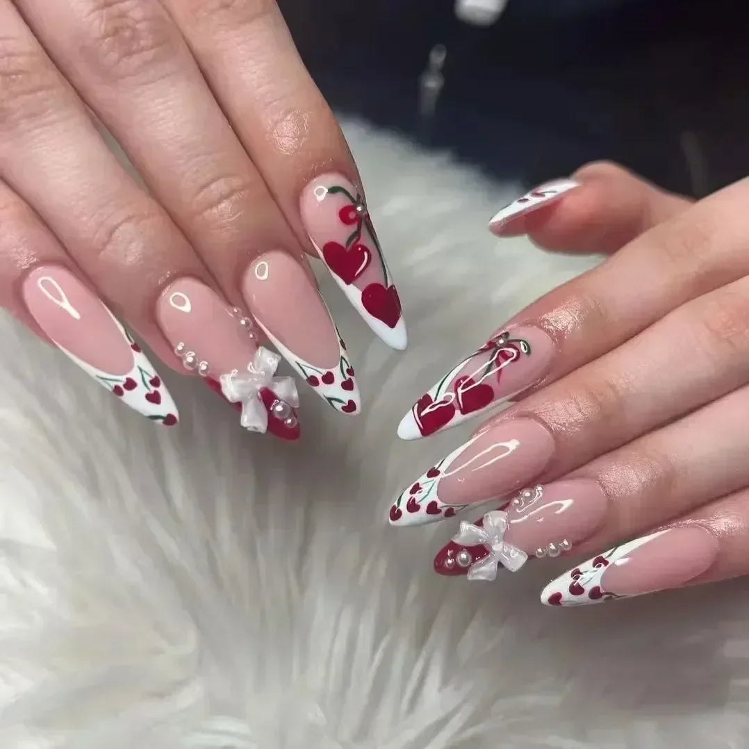 24Pc Long Stiletto Press on Nails Cherry Pink French False Nails with 3D Bow Pearls Design Detachable Acrylic Fake Nail Art Tips