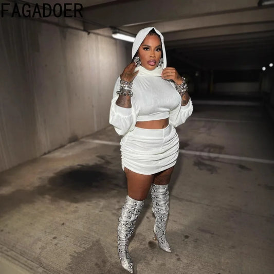 Lantern Sleeve Hooded Pullover Top + Ruched Bodycon Mini Skirt Set