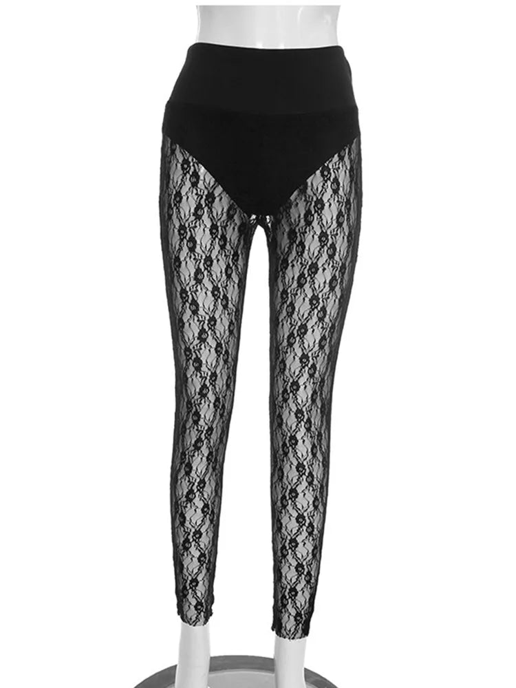 Joskaa Women's Jacquard  Lace Leggings Patchwork Sexy See Through High Waist Pencil Pants Female Bottoms Midnight Party Clubwear