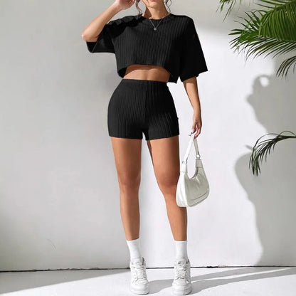 Stretchy Solid Cropped Crew Neck T-Shirt Top + Short Sets