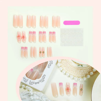 24pcs Long Ballet Fake Nail Tips Wearable Gradient Pink French Press On Nails With 3D Carving Flower Designs Sweet False Nails