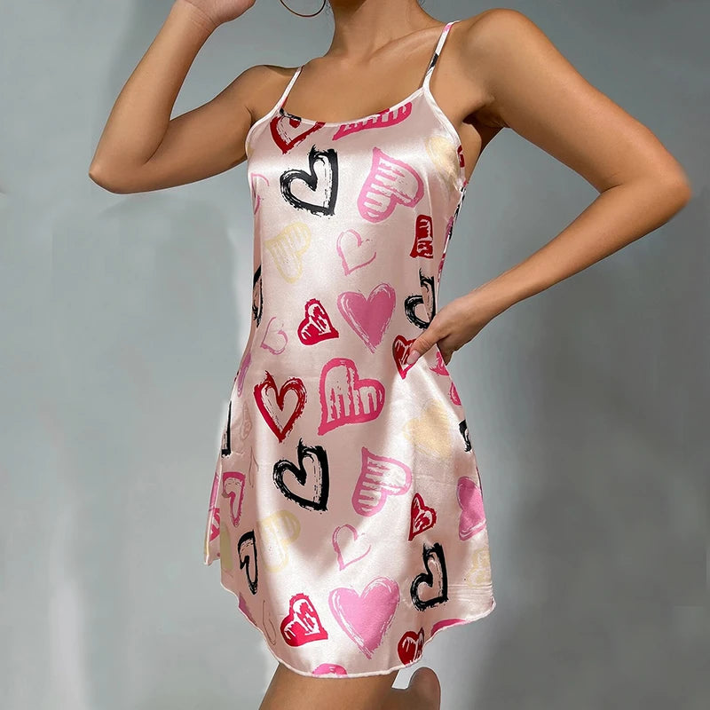 Satin Floral Print Comfortable Spaghetti Strap Nightdress