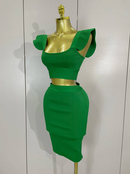 Celebrity Ruffles Red Bandage Skirt Sets