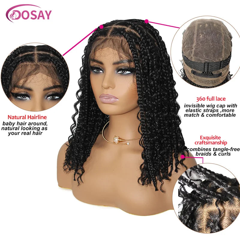 Sue Synthetic Curly Wigs Short Bob 360 Full Lace Braids Wigs 12 Inch Boho Knotless Braided Wigs Goddess Box Wig Pre-Pluck Baby Hair