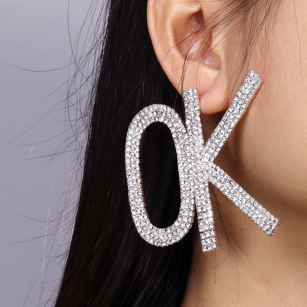 Stonefans Statement Letter Large OK Earrings Stud Jewelry for Women Fashion Shiny Rhinestone Earrings Hollow Accessories