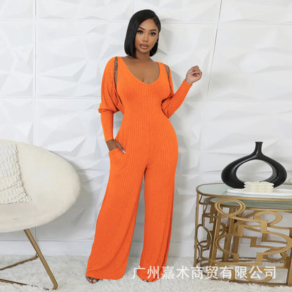 Trendy Solid Color Elastic Wide Leg Jumpsuits (2pcs.)