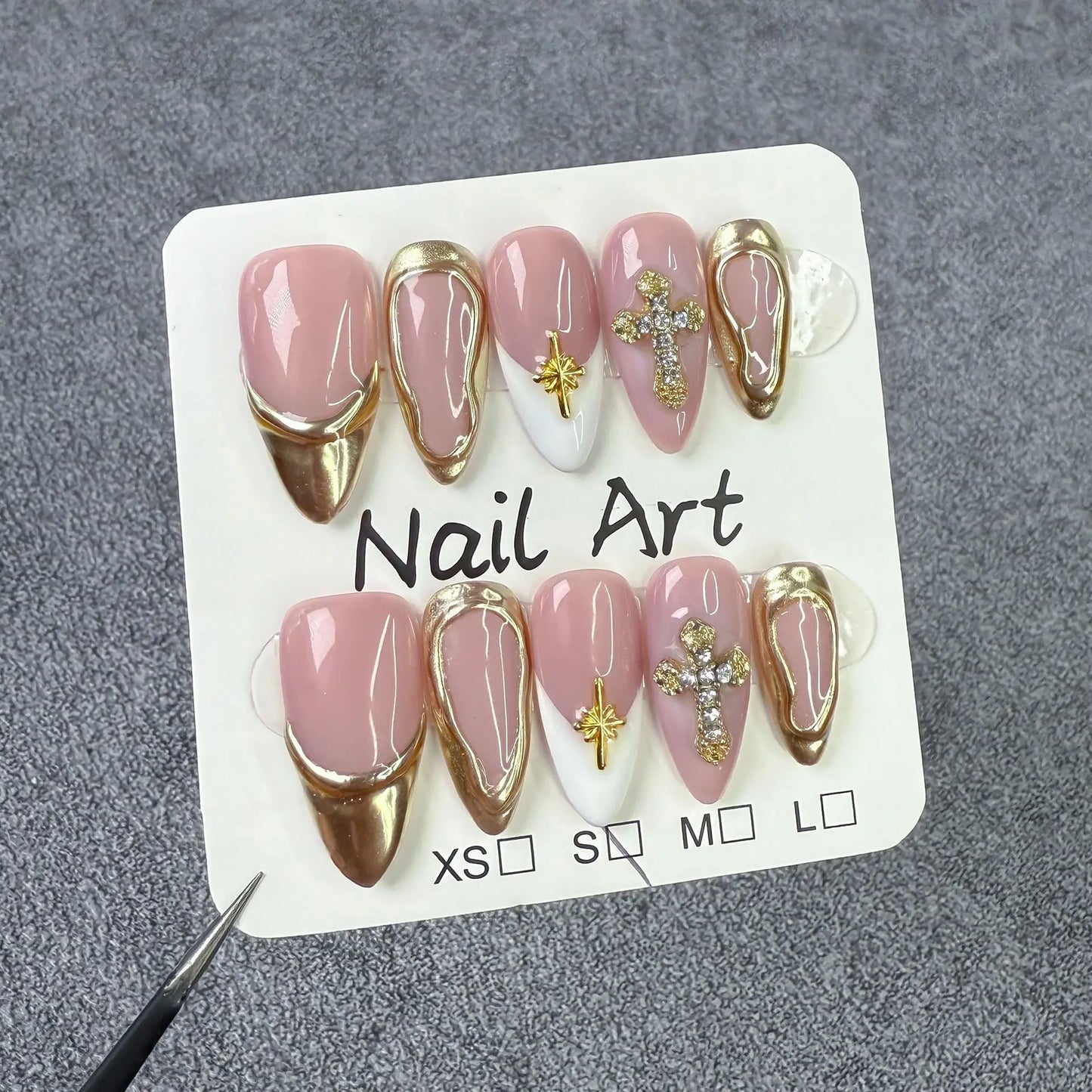 10pcs Retro Golden Almond Handmade Press on Nails Heart Pattern Fake Nails False Nail Artificial Nail 네일팁 Накладные Ногти Uñas