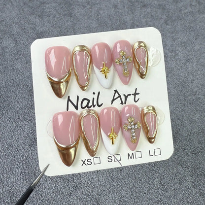 10pcs Retro Golden Almond Handmade Press on Nails Heart Pattern Fake Nails False Nail Artificial Nail 네일팁 Накладные Ногти Uñas
