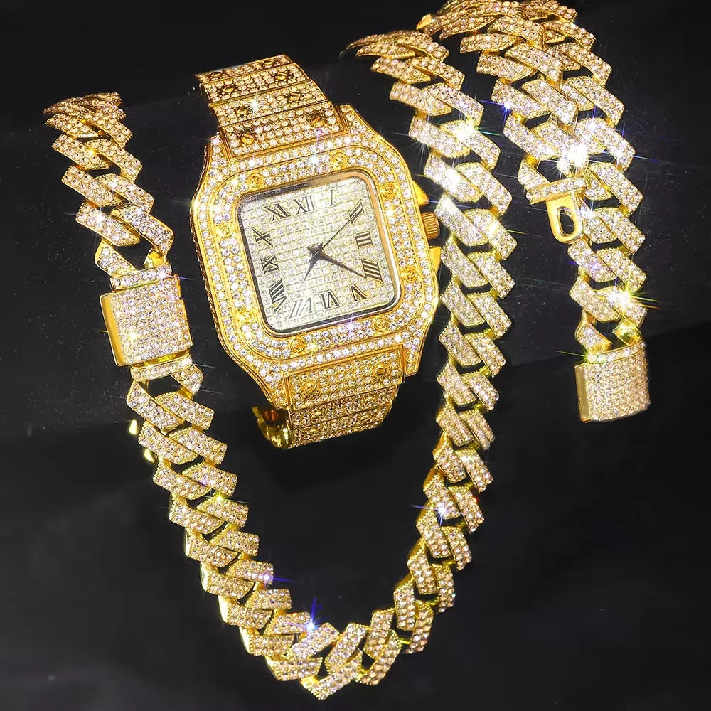 3pcs Set Hip-hop Punk Inlay Diamond Square Watch+Cuban Chain+Bracelet Comes With Strap Adjuster Stylish Jewelry