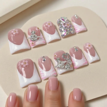 White French Nail Tips 10Pcs Short Duck Nails With Metal Rhinestones Decor Press On Small Flower Sweet Nude Acrylic Fake Nails