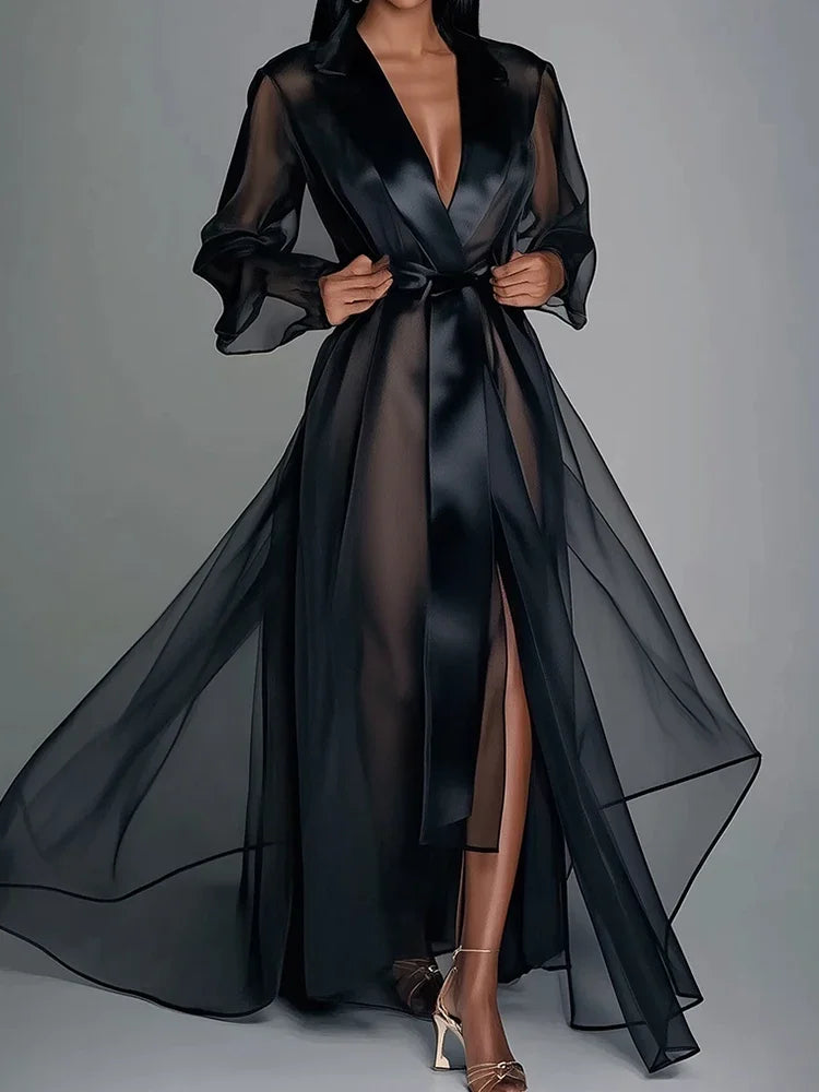 Sheer Long Sleeve Lace Up Robe Maxi Dress (Elegant)