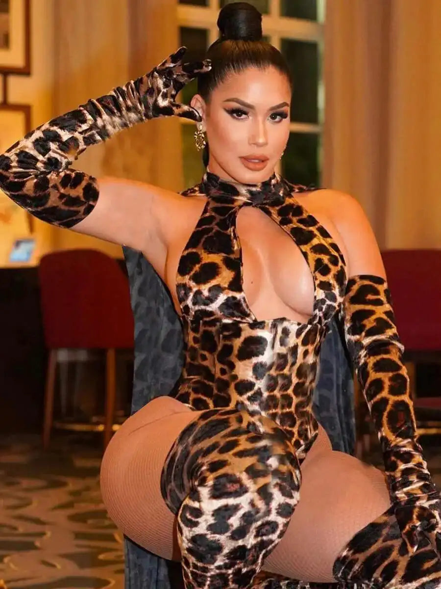 Leopard Print Bodysuit + Gloves + Leggings Backless Deep V Suspenders Sleeveless Bodysuits Thin 3X4C