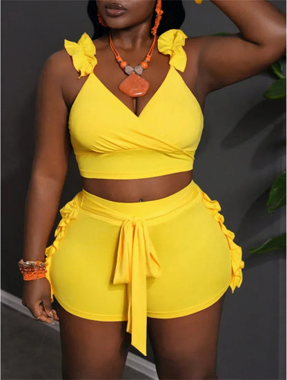Ruffles V-neck Tank Crop Top and Lace-up Short Sets