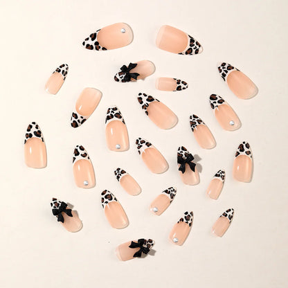 24pcs French Almond Press on Nails Leopard Print False Nails 3D Bow Wearable Stick-on Nails Fake Nail Uñas Накладные Ногти 네일팁