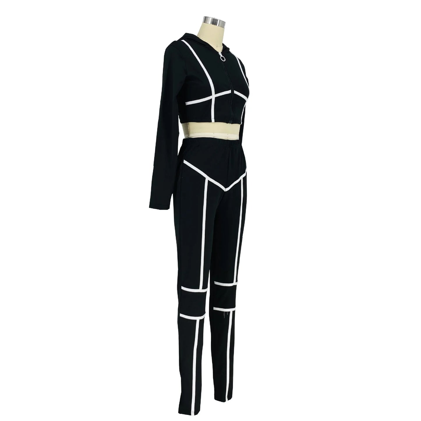 Striped Bandage Full Sleeve O-neck + Pant Sport Sets