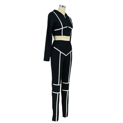 Striped Bandage Full Sleeve O-neck + Pant Sport Sets