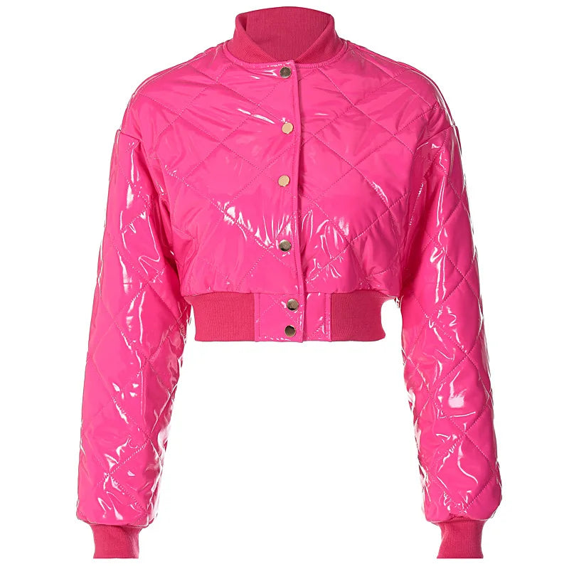 Cute Women Shiny Pink PU Leather Puffer Jacket High Waist Slim Bubble Coats Single Breasted Jackets Leather Cropped Outcoats New