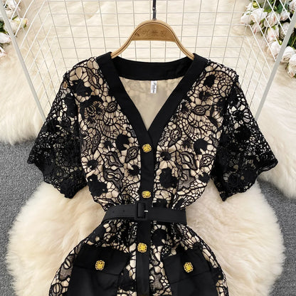 Floral Lace Dress V Neck High Waist Maxi Dresses