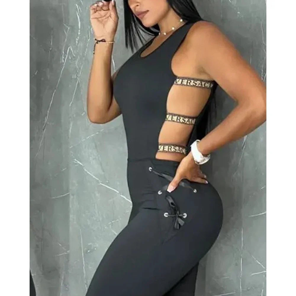 Letter Pattern Sleeveless Ladder Cut Out Jumpsuits