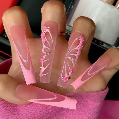 24Pcs Pink Butterfly Design False Nails Extra Long Coffin Fake Nails Wearable French Ballet Press on Nails Full Cover Nail Tips