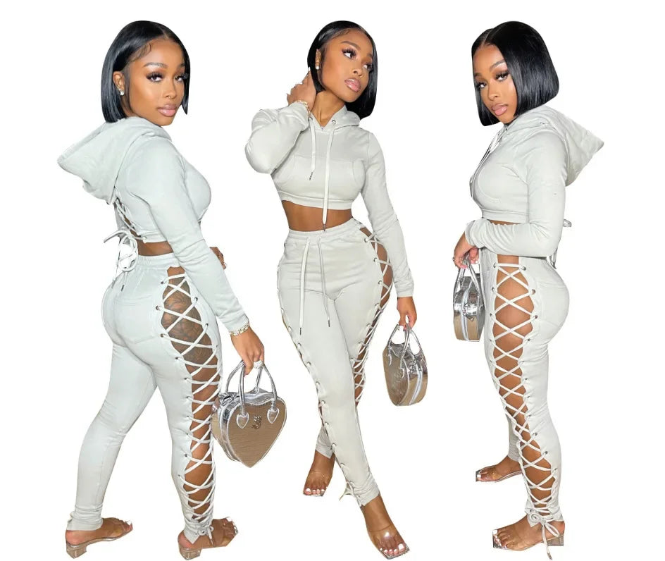 Cross-Border Tied Tops + Pants Hollow Sets(2 Piece Set)