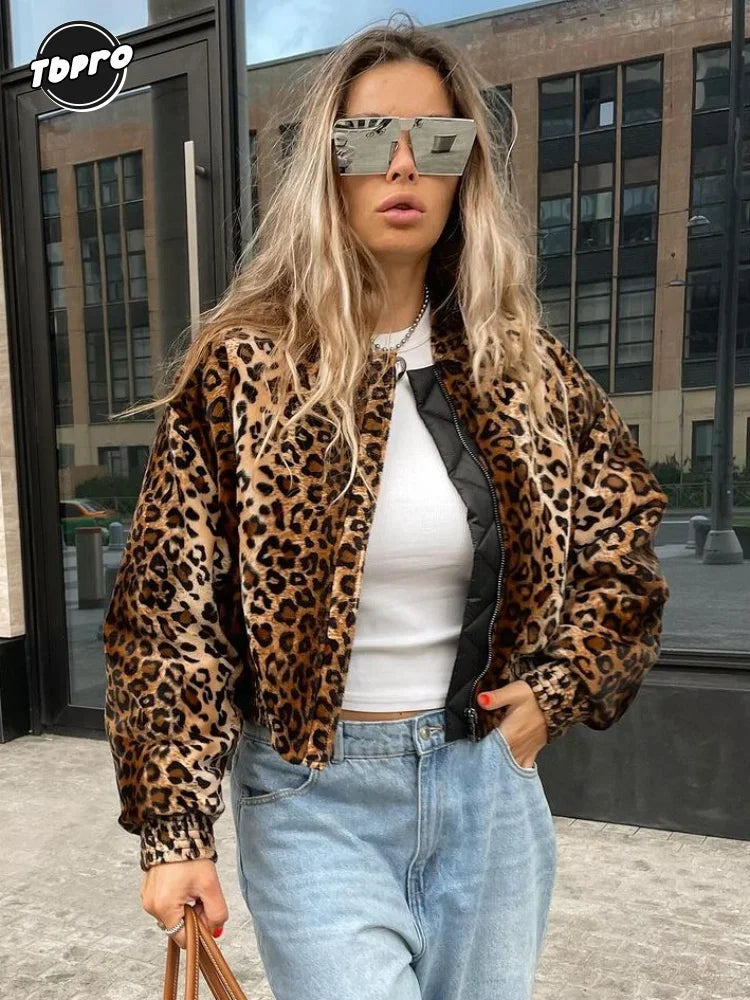 Vanity Leopard Print Zipper Long Sleeve Cropped Coat