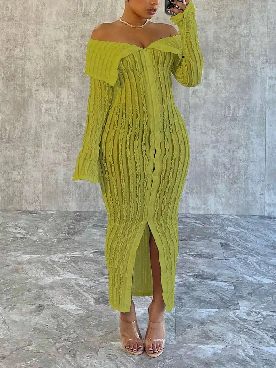 Pink Textured Off-Shoulder Knit Dresses with Front Split