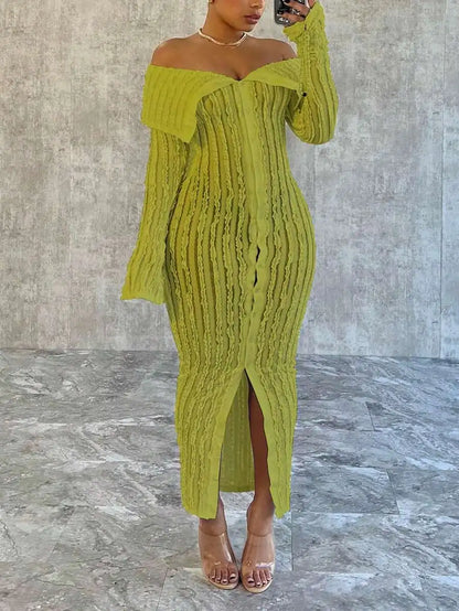 Pink Textured Off-Shoulder Knit Dresses with Front Split