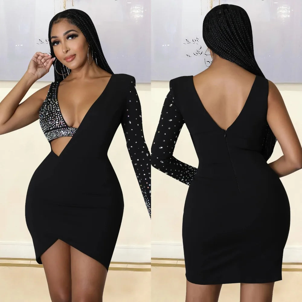 Quita Rhinestone One Shoulder Bodycon V Neck Mini Dresses Luxury Diamond