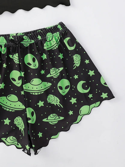 Alien Print Sling Pajamas Set (Top And Shorts)