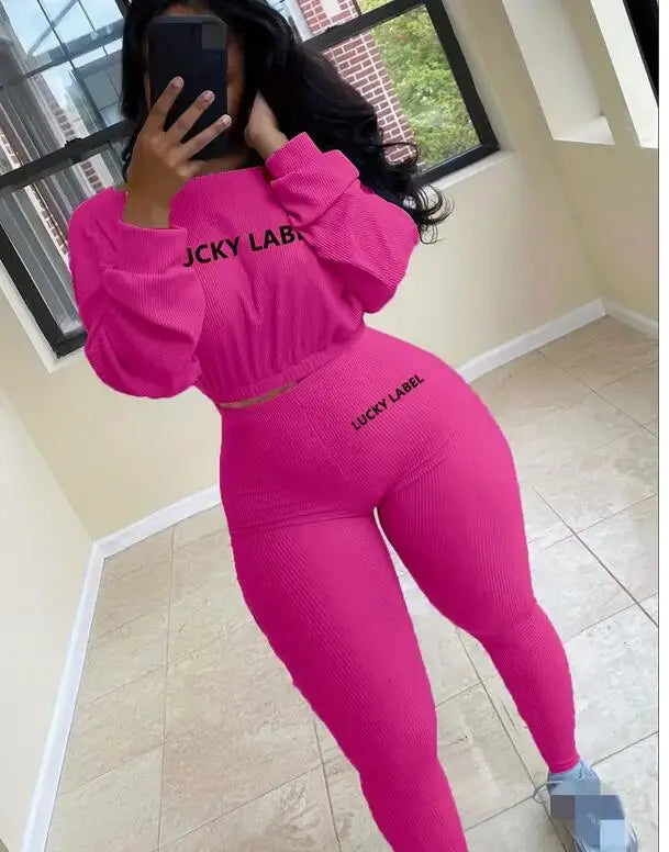 Winter Solid Lucky Label Letter Embroidery Two Piece Sets Women Sweatshirt+Leggings Casual Sporty Tracksuits Female