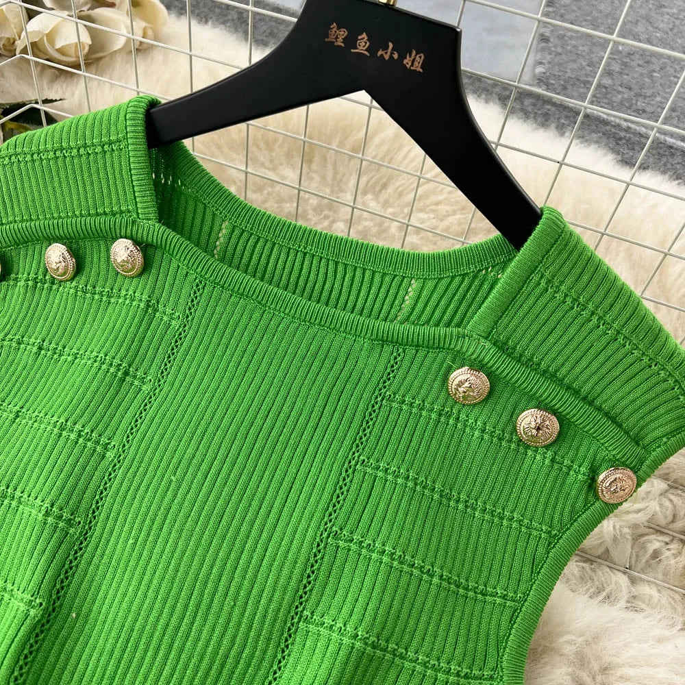 Knitted 2 Pcs. Buttons Crop Top Tanks + Slit Midi Skirt Set