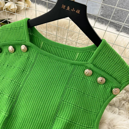 Knitted 2 Pcs. Buttons Crop Top Tanks + Slit Midi Skirt Set