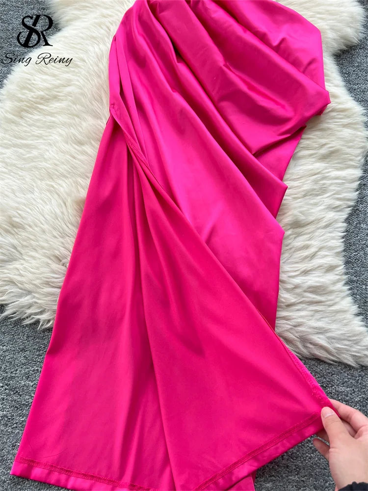 Chic Satin Slash Neck Mesh Splice Pleated Slim Dresses