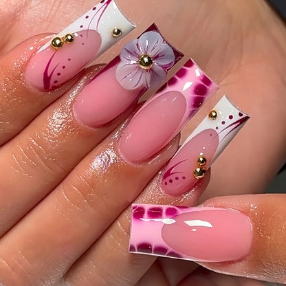 24pcs Mid-length Press on Nails Pink French Full Cover Flower Design Fake Nail Reusable Pearl False Nail with Jelly Glue Nails