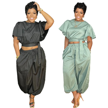 O-neck Belt Short Flare Sleeve Crop Top + Pants Suits (2 pcs.)