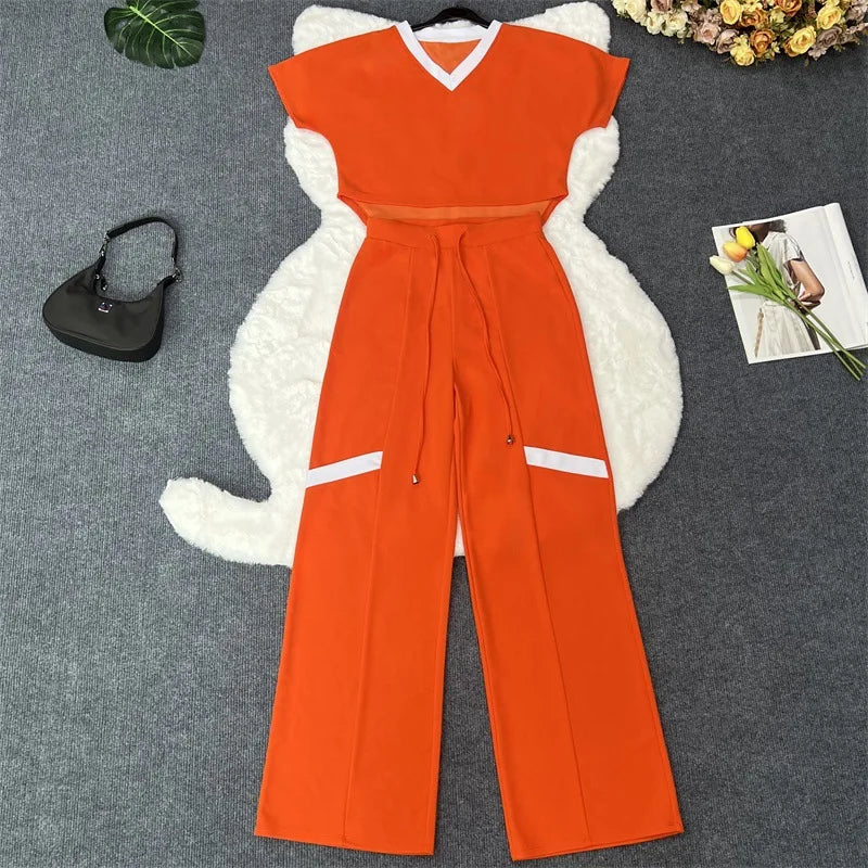 Katey Short-Sleeved T-shirt Straight Elegant Two-Piece Pant Suit