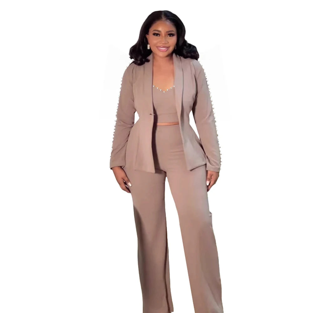 Elegant Long Sleeve Blazer Office Wear Ladies 3 Piece Pant Suit