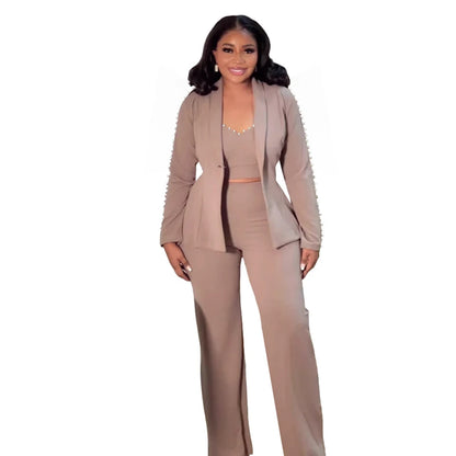 Elegant Long Sleeve Blazer Office Wear Ladies 3 Piece Pant Suit