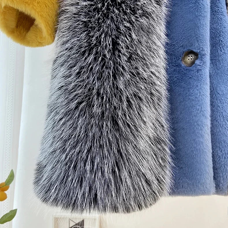 Winter Faux Fur Jackets for Women Furry Warm Splicing Contrast Color Blue Faux Fur Coat Long Jacket Cardigan Women