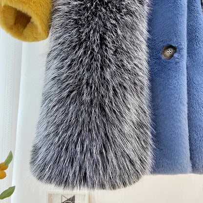 Winter Faux Fur Jackets for Women Furry Warm Splicing Contrast Color Blue Faux Fur Coat Long Jacket Cardigan Women