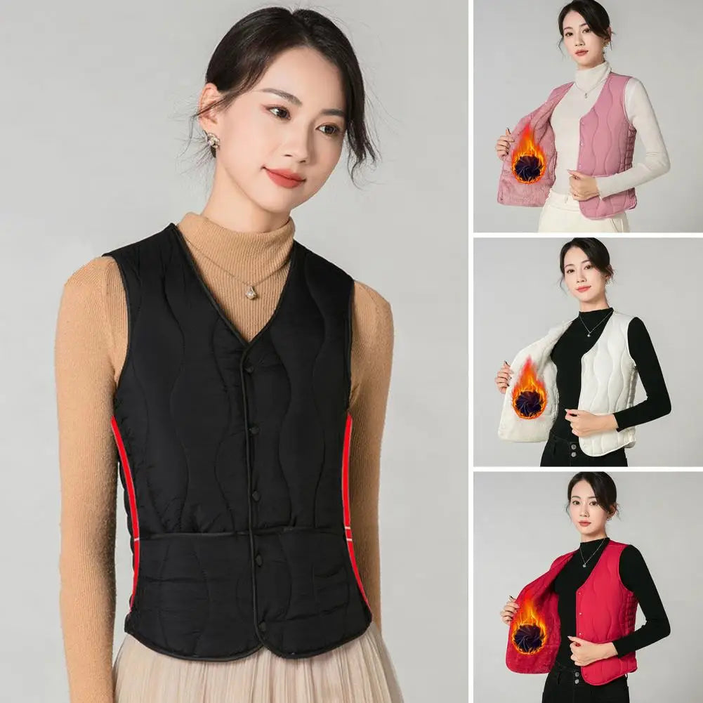 Button Closure Round Neck Sleeveless Solid Color Windproof Heat Retention Outdoor Coat Cotton Vest