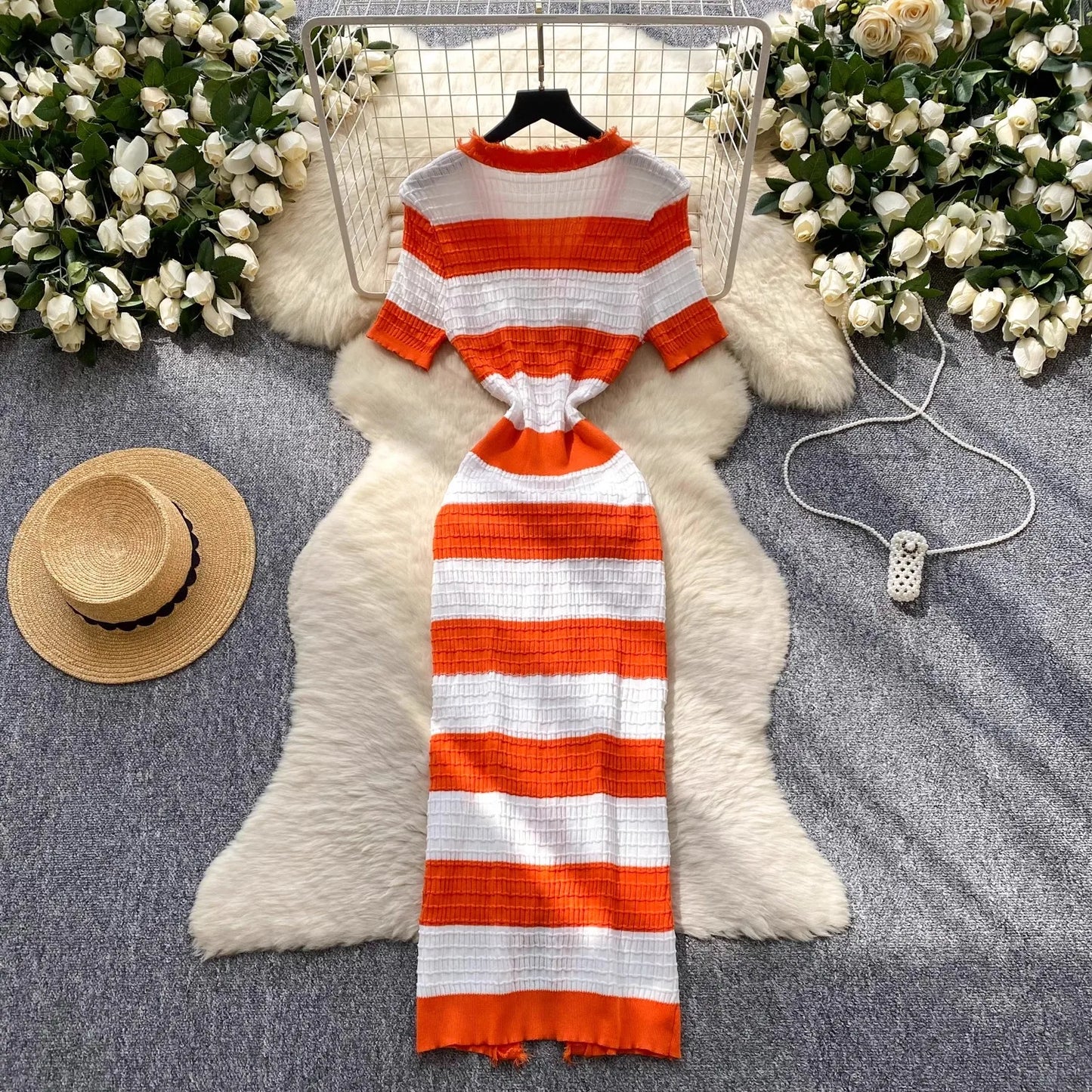 Chic Knitted Slim Waist Office Lady Sweater Maxi Dresses