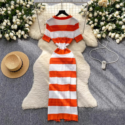Chic Knitted Slim Waist Office Lady Sweater Maxi Dresses