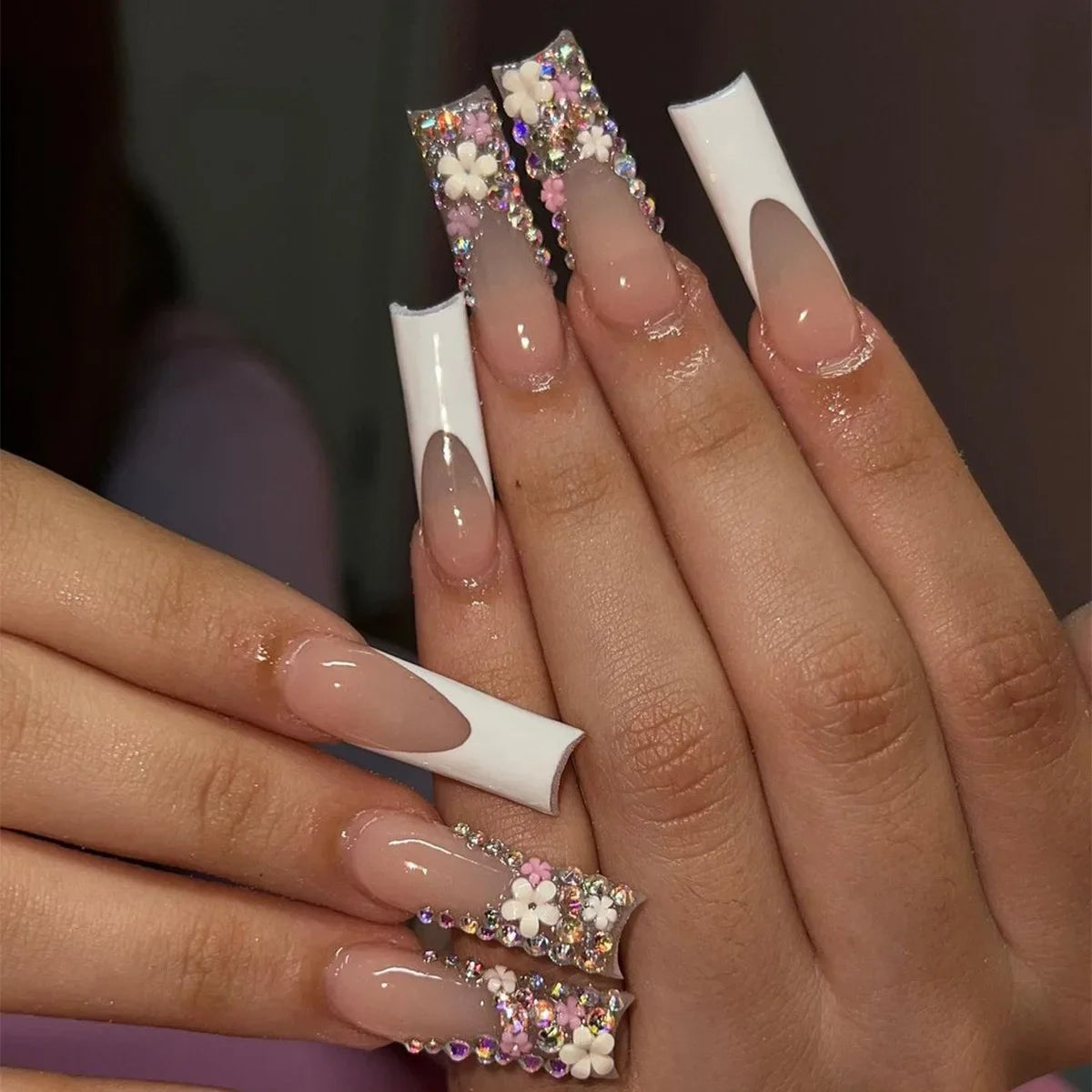 24Pcs Long Square Press on Nails Leopard Print French 3D Cherry Design False Nail Rhinestone Wearable Full Cover Fake Nails Tips