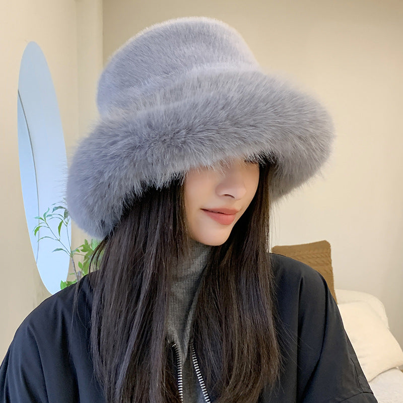 Faux Fur Fluffy Bucket Hat for Women Luxury Plush Hat Thicken Snow Oversized Fur Bucket Hats